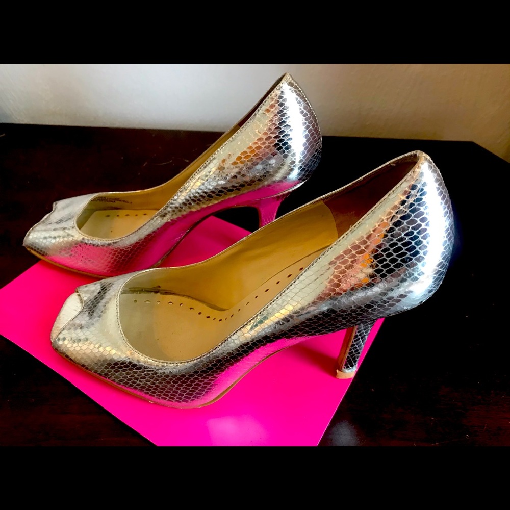 BCBGirls metallic silver peep toe heels